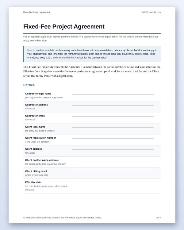 tp-102-fixed_fee-2 USDT Freelancer Contract Pack — 8 Editable Agreements, Stablecoin Payment Terms & Clause Guide