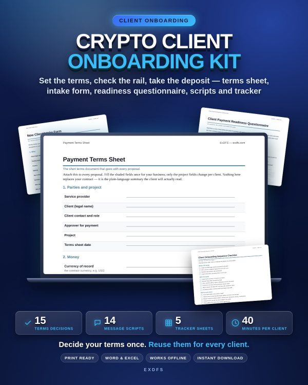 tp-105-Detail-1 Crypto Client Onboarding Kit — Payment Terms Sheet, Intake Form, Readiness Questionnaire & 14 Scripts