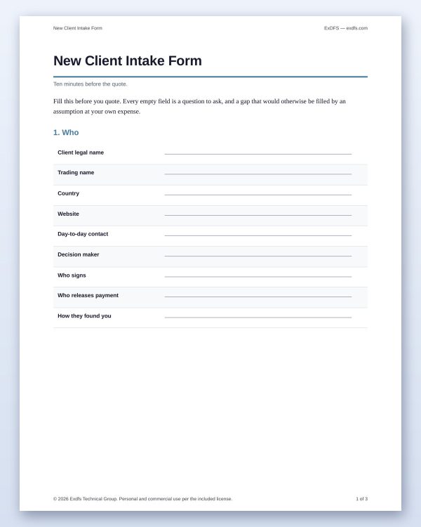 tp-105-intake-3 Crypto Client Onboarding Kit — Payment Terms Sheet, Intake Form, Readiness Questionnaire & 14 Scripts
