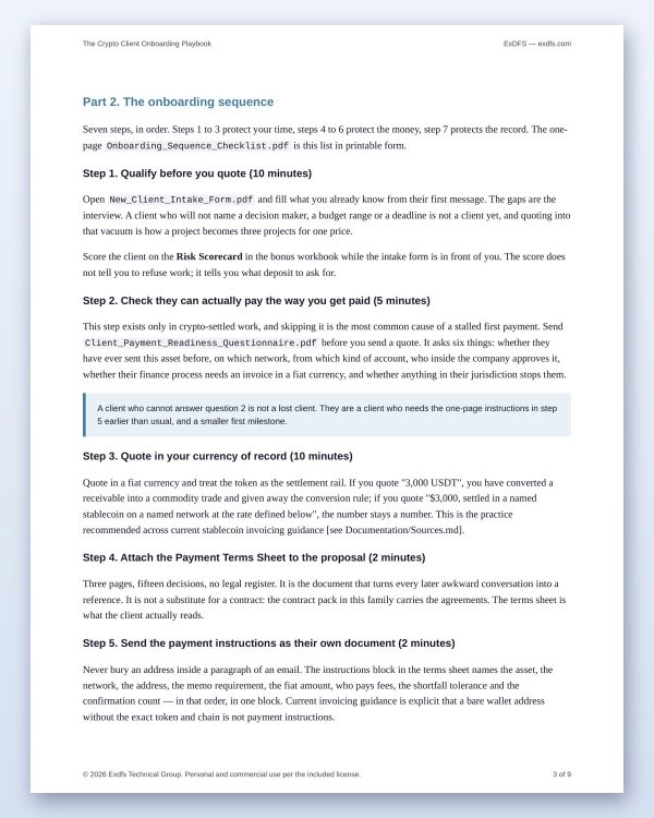 tp-105-playbook-6 Crypto Client Onboarding Kit — Payment Terms Sheet, Intake Form, Readiness Questionnaire & 14 Scripts