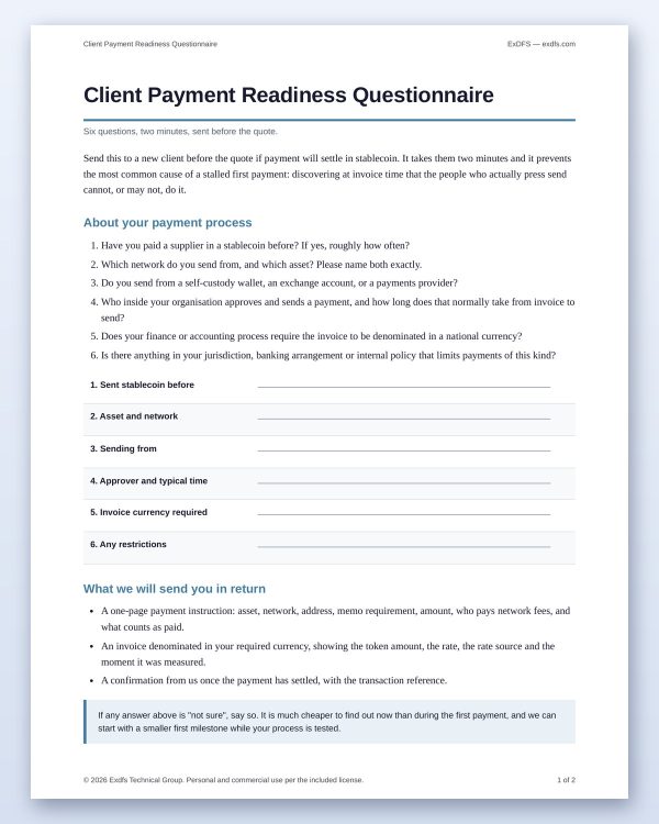 tp-105-questionnaire-4 Crypto Client Onboarding Kit — Payment Terms Sheet, Intake Form, Readiness Questionnaire & 14 Scripts