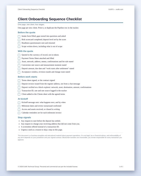 tp-105-sequence-5 Crypto Client Onboarding Kit — Payment Terms Sheet, Intake Form, Readiness Questionnaire & 14 Scripts