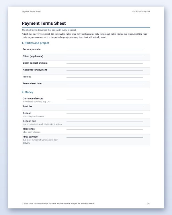 tp-105-terms_sheet-2 Crypto Client Onboarding Kit — Payment Terms Sheet, Intake Form, Readiness Questionnaire & 14 Scripts